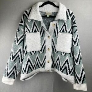 Saturday Sunday Anthropologie Zigzag Sherpa Collar Cardigan Sage Green Black M